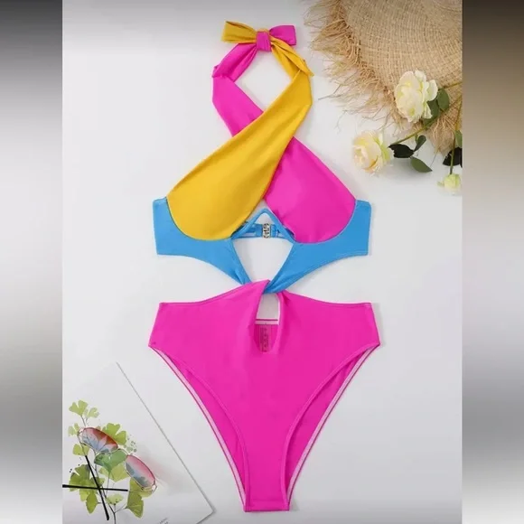 🔥Colorblock Halter One Piece Swimsuit - Picture 7 of 8